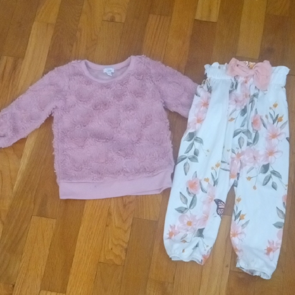 Pink Fuzzy Sweater and Floral Pants Set girl 18 month